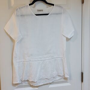 Terzo Millennio Linen Crocheted Eyelet Trimmed Tunic Blouse Top White Size M